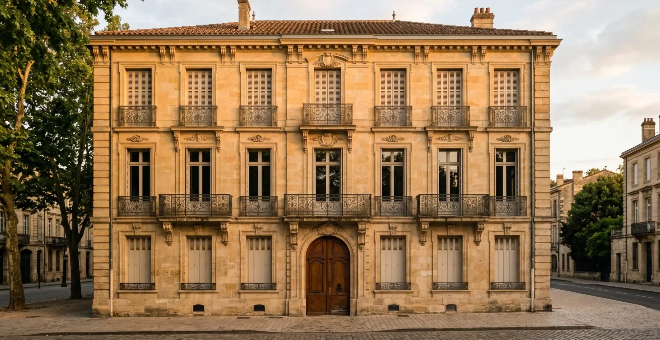 Façade de maison bourgeoise en pierre de taille avec fenêtres à moulures anciennes et balcon en fer forgé