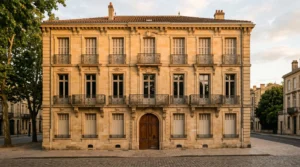 Façade de maison bourgeoise en pierre de taille avec fenêtres à moulures anciennes et balcon en fer forgé