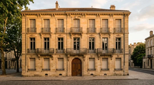Façade de maison bourgeoise en pierre de taille avec fenêtres à moulures anciennes et balcon en fer forgé