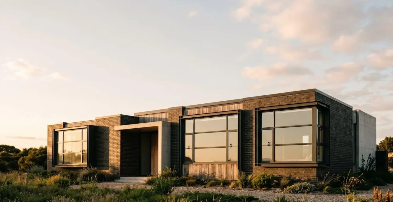 Vue extérieure d'une maison moderne avec fenêtres renforcées et système de sécurité visible