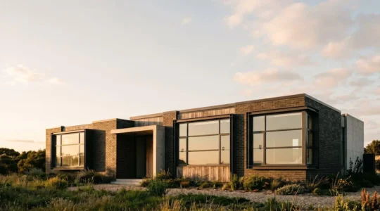 Vue extérieure d'une maison moderne avec fenêtres renforcées et système de sécurité visible