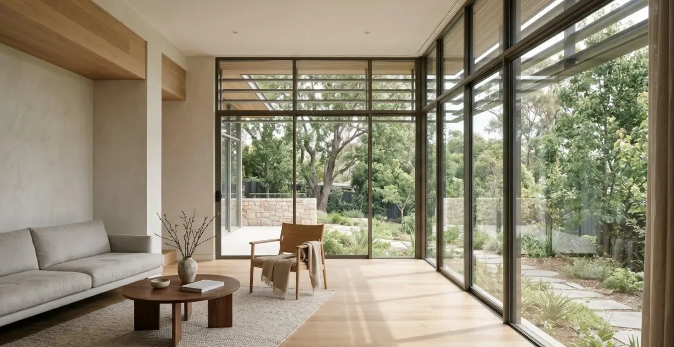 Grande baie vitrée panoramique dans un salon contemporain avec protection solaire efficace en été
