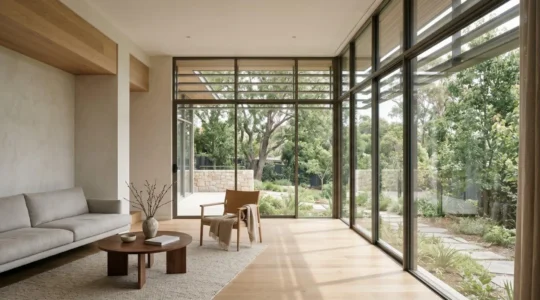 Grande baie vitrée panoramique dans un salon contemporain avec protection solaire efficace en été