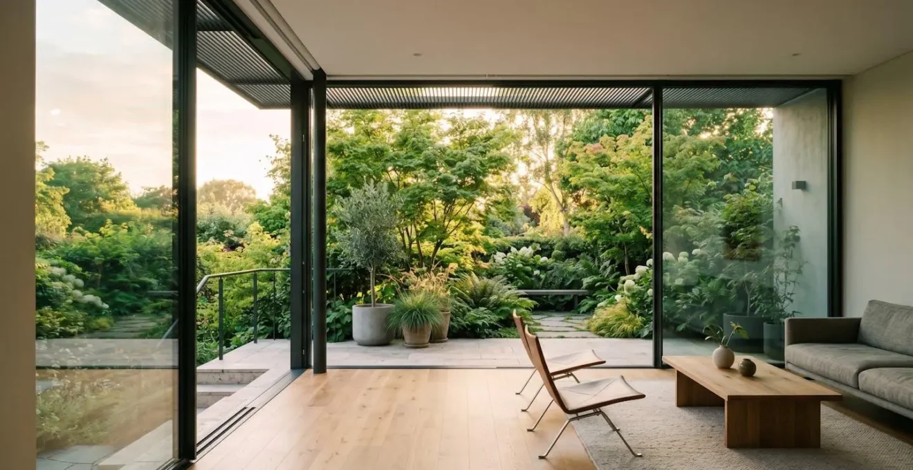 Grand mur de verre dans un salon moderne avec vue panoramique sur jardin, protection solaire integree et lumiere naturelle optimisee