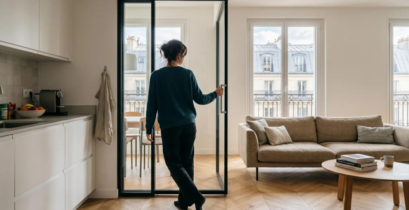 Une personne de dos fait coulisser une porte vitrée entre la cuisine et le salon dans un intérieur contemporain français