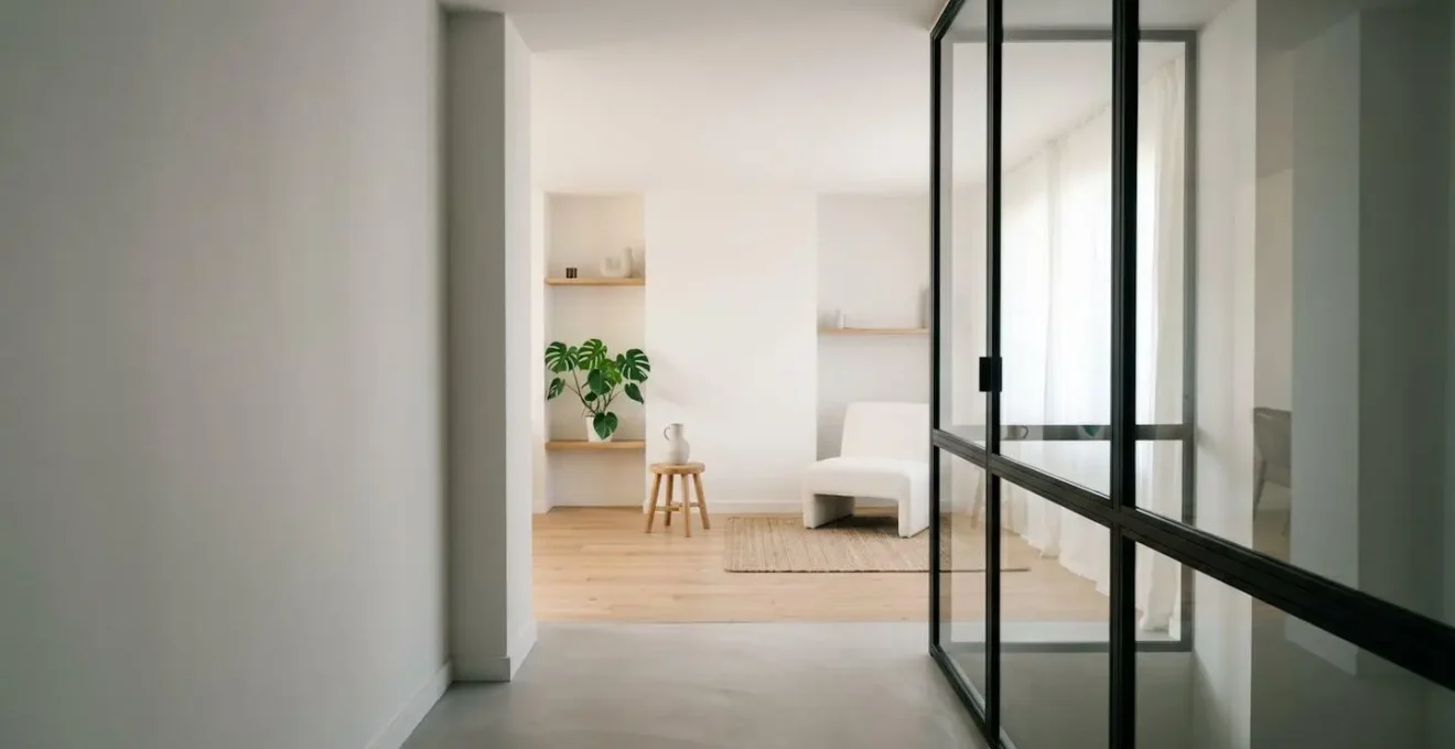 Intérieur moderne d'une petite pièce transformée par la lumière naturelle traversant une verrière intérieure