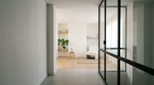 Intérieur moderne d'une petite pièce transformée par la lumière naturelle traversant une verrière intérieure
