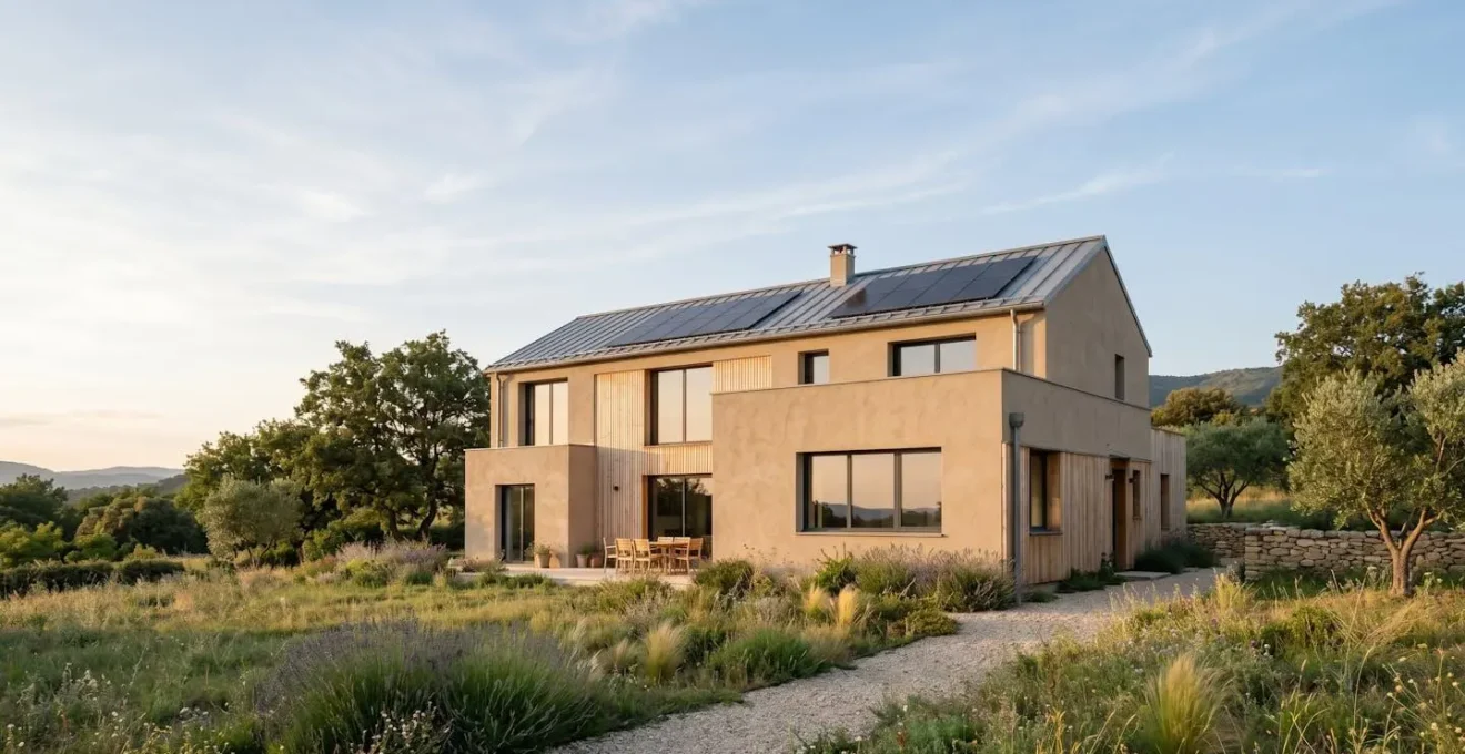 Vue d'ensemble d'une maison moderne avec isolation thermique et équipements énergétiques performants