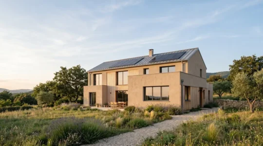 Vue d'ensemble d'une maison moderne avec isolation thermique et équipements énergétiques performants