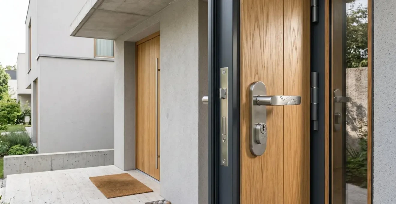Vue détaillée d'une porte d'entrée moderne équipée d'une serrure multipoints certifiée et d'accessoires de sécurité anti-effraction
