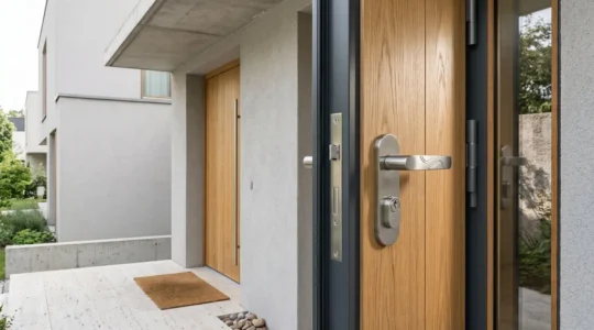 Vue détaillée d'une porte d'entrée moderne équipée d'une serrure multipoints certifiée et d'accessoires de sécurité anti-effraction