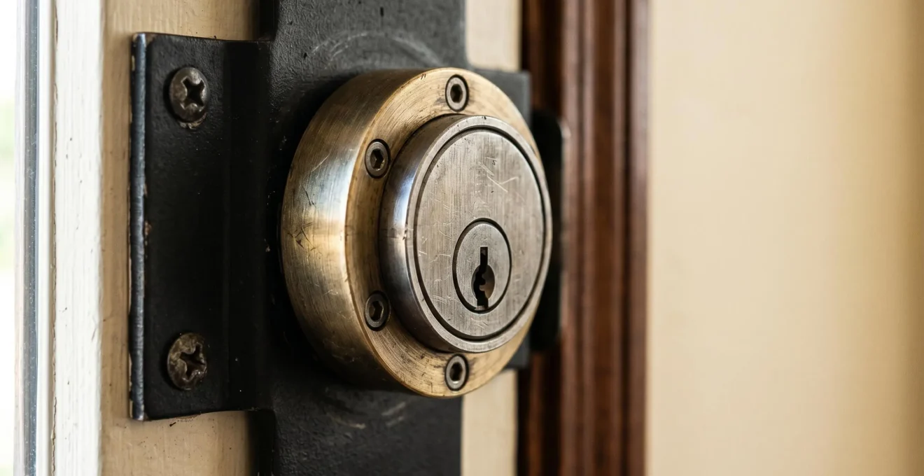 Vue rapprochée d'une serrure de haute sécurité certifiée installée sur une porte d'entrée moderne