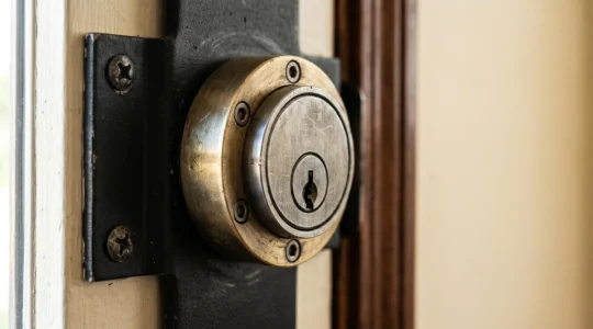 Vue rapprochée d'une serrure de haute sécurité certifiée installée sur une porte d'entrée moderne