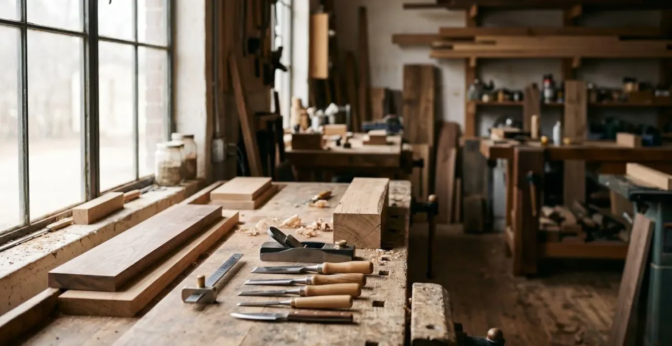 Atelier de menuiserie professionnelle avec établi en bois et outils de précision, ambiance naturelle