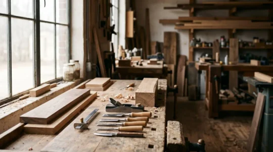 Atelier de menuiserie professionnelle avec établi en bois et outils de précision, ambiance naturelle