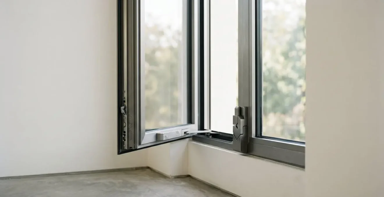 Système de verrouillage multipoints moderne sur fenêtre sécurisée montrant les points de fermeture répartis