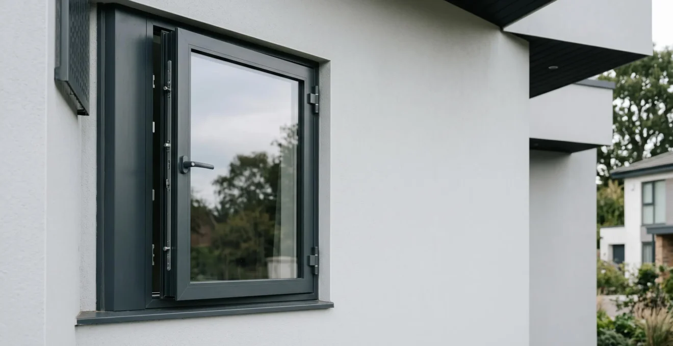 Vue large d'une fenêtre moderne sécurisée avec mécanisme de verrouillage renforcé