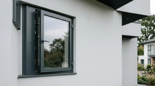 Vue large d'une fenêtre moderne sécurisée avec mécanisme de verrouillage renforcé