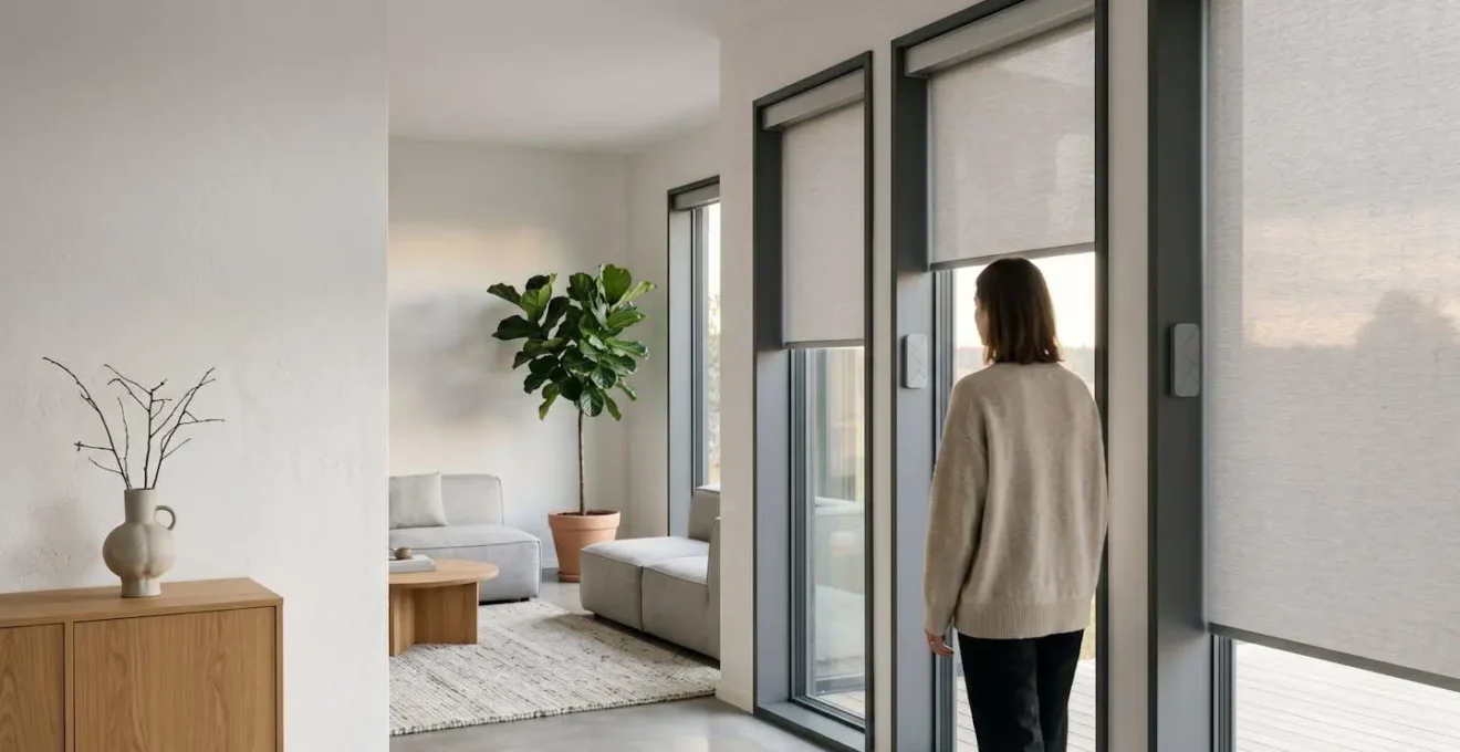Installation domotique moderne pour fenêtres avec capteurs et motorisation intégrés dans un intérieur contemporain