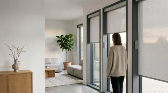 Installation domotique moderne pour fenêtres avec capteurs et motorisation intégrés dans un intérieur contemporain