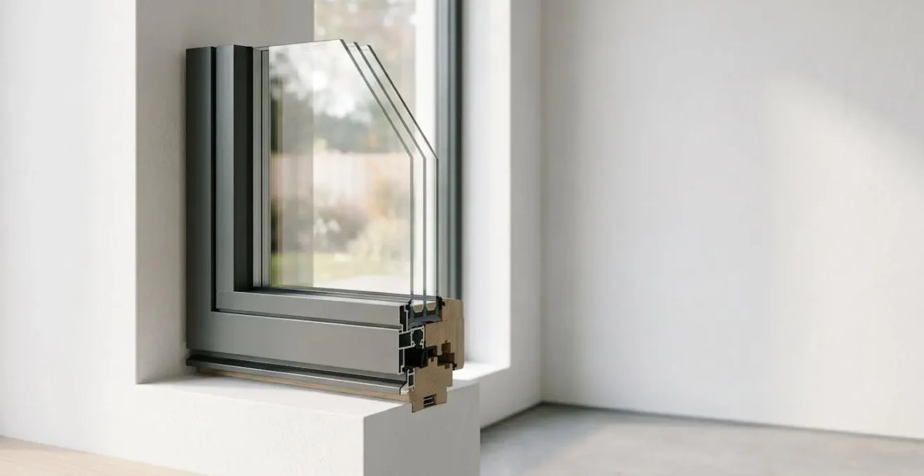 Fenêtre moderne en coupe montrant les différentes couches de vitrage dans un intérieur lumineux