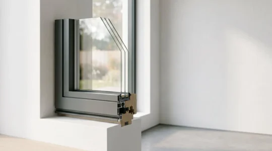 Fenêtre moderne en coupe montrant les différentes couches de vitrage dans un intérieur lumineux