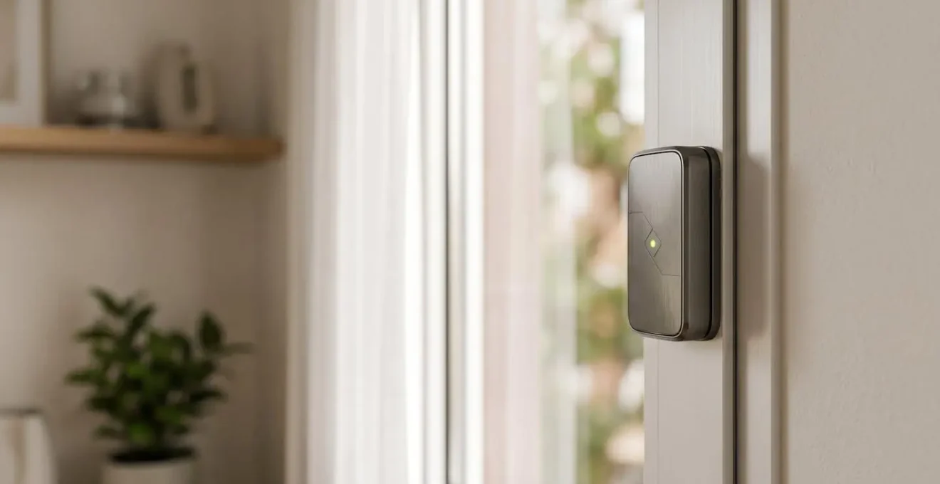 Verrou connecté intelligent installé sur une fenêtre moderne avec éclairage naturel