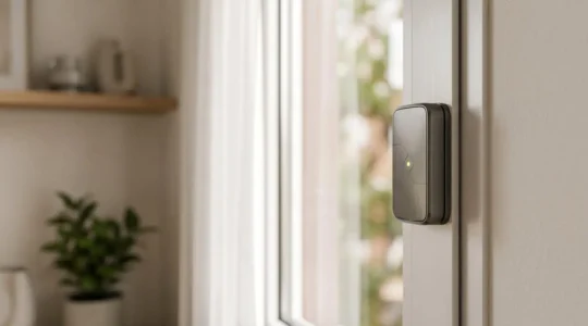 Verrou connecté intelligent installé sur une fenêtre moderne avec éclairage naturel