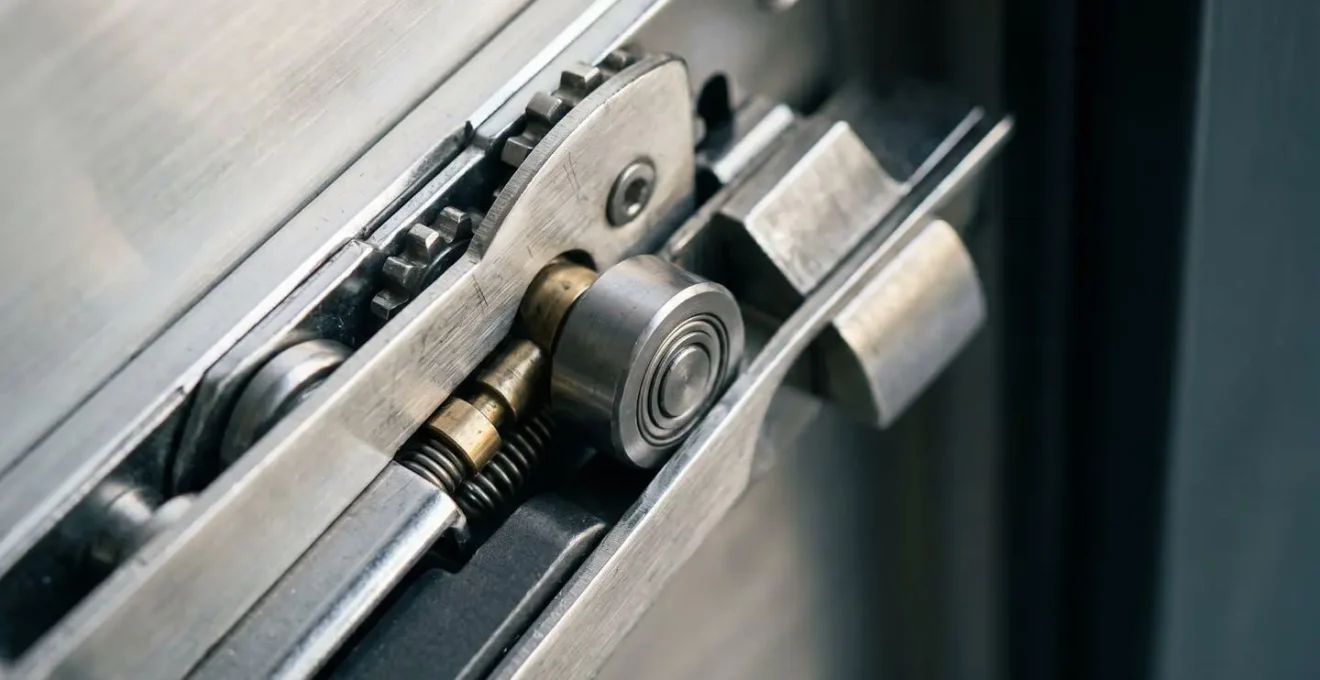 Mécanisme de verrouillage multipoints sur porte-fenêtre, détail de la crémone et des points de fermeture