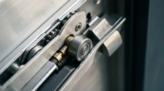 Mécanisme de verrouillage multipoints sur porte-fenêtre, détail de la crémone et des points de fermeture