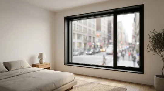 Fenêtre moderne avec double vitrage acoustique dans un environnement urbain calme