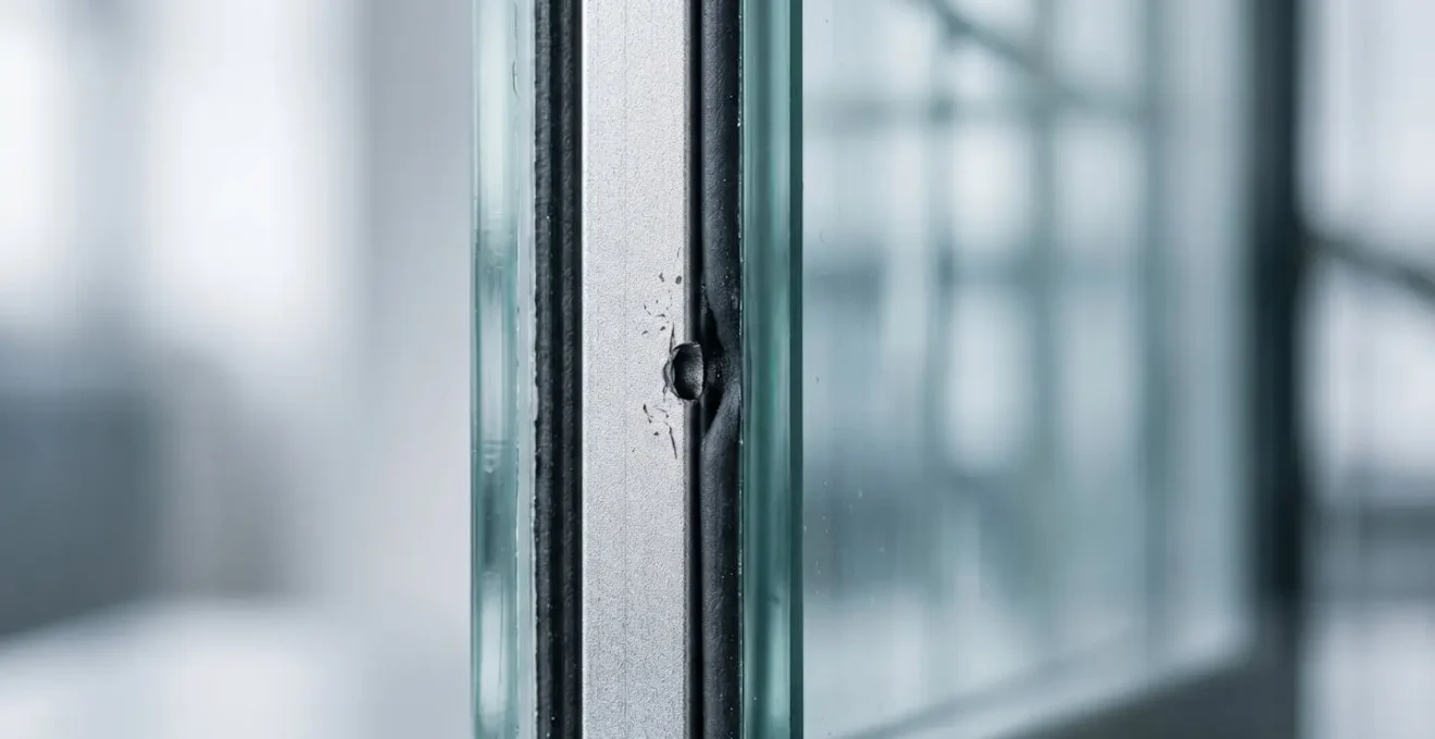 Gros plan d'un double vitrage moderne avec intercalaire métallique visible entre deux verres, photographié en lumière naturelle diffuse