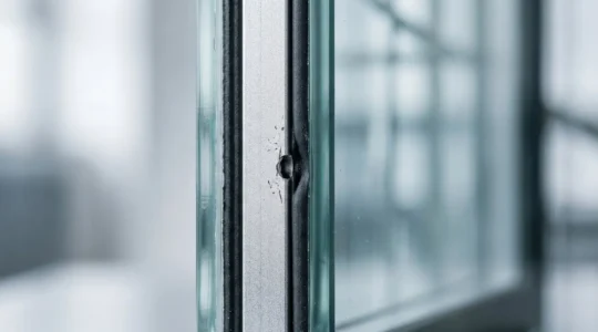 Gros plan d'un double vitrage moderne avec intercalaire métallique visible entre deux verres, photographié en lumière naturelle diffuse