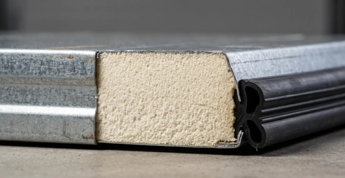 Coupe transversale détaillée d'un panneau de porte de garage sectionnelle montrant les couches d'isolation : tôle acier extérieure, mousse polyuréthane épaisse centrale et joint EPDM périphérique