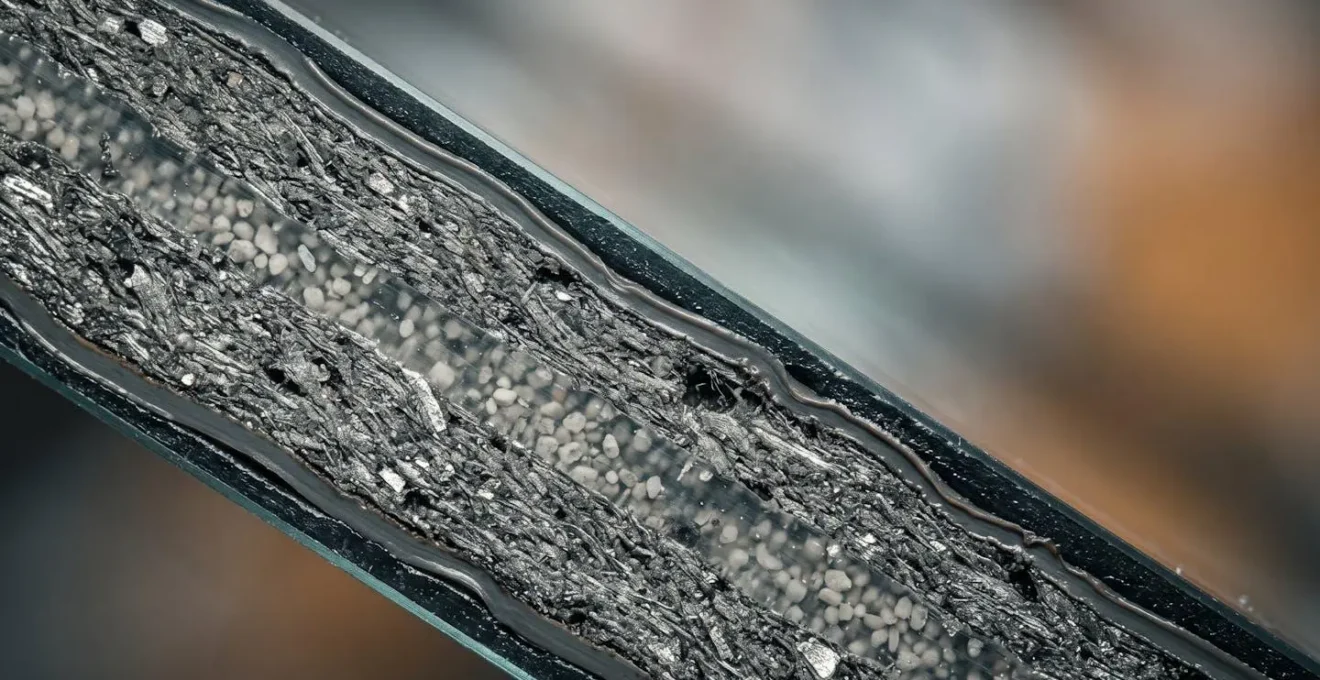 Détail macro d'un intercalaire de double vitrage avec structure isolante révélant la qualité de fabrication professionnelle