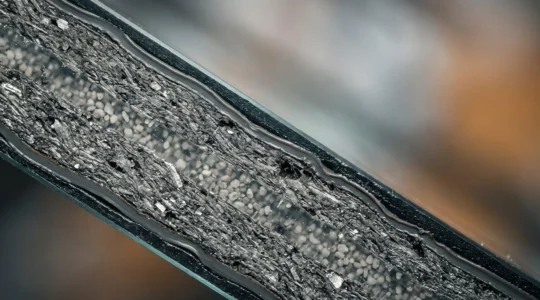 Détail macro d'un intercalaire de double vitrage avec structure isolante révélant la qualité de fabrication professionnelle