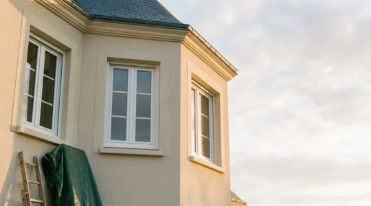 Façade d'une maison française rénovée avec de larges fenêtres en PVC blanc, symbole d'une rénovation énergétique réussie