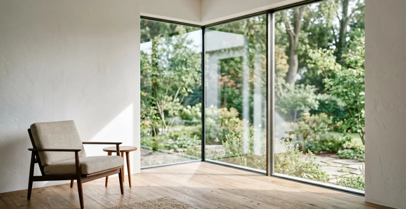 Vue d'un salon contemporain avec fenêtre d'angle offrant une perspective panoramique sur un jardin verdoyant