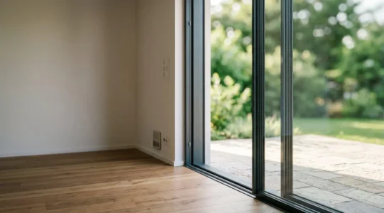 Vaste baie vitrée aluminium à profilés fins ouvrant un séjour contemporain sur un jardin baigné de lumière
