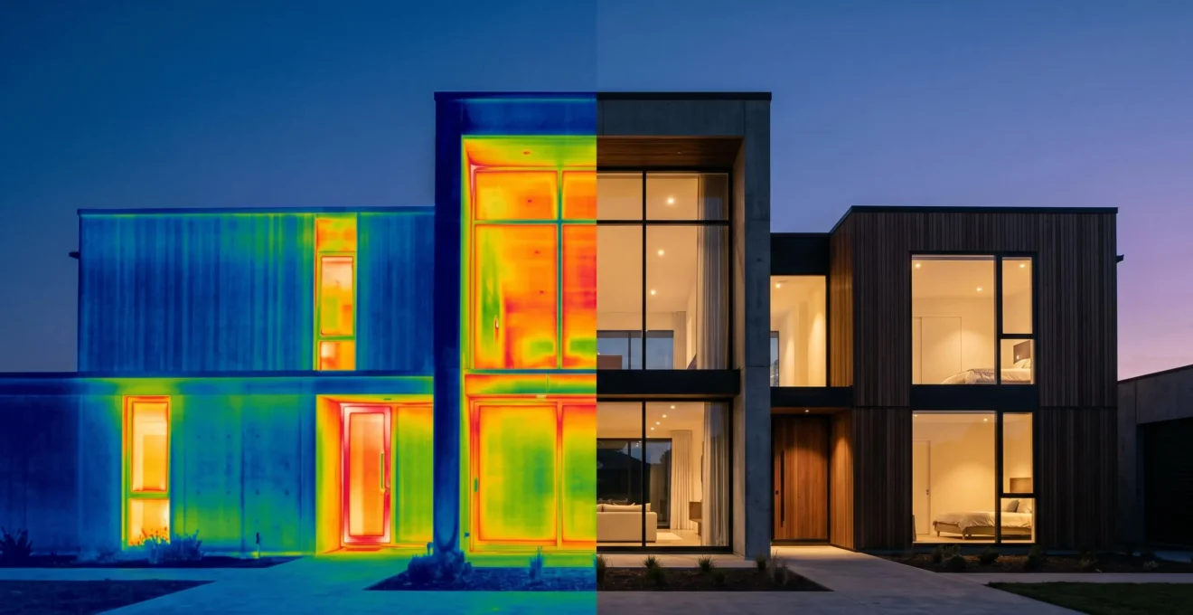Comparaison visuelle entre une maison partiellement isolée et une maison intégralement isolée, illustrant les déperditions thermiques