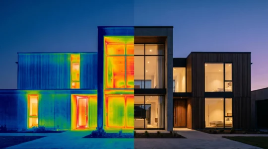 Comparaison visuelle entre une maison partiellement isolée et une maison intégralement isolée, illustrant les déperditions thermiques