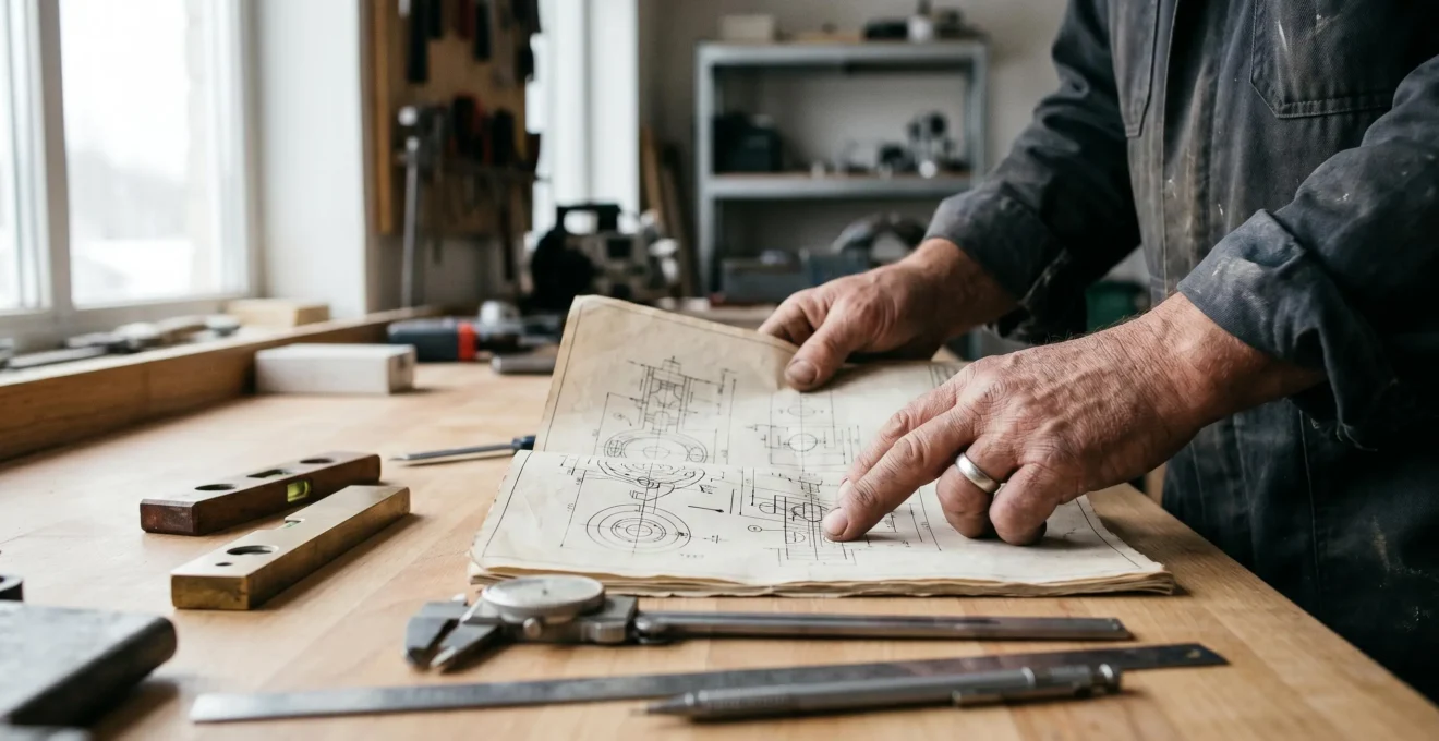 Main d'expert analysant un document technique de fenêtre avec instruments de mesure professionnels