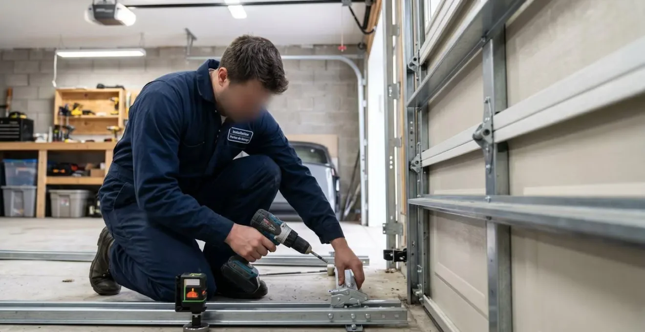Technicien installateur professionnel ajustant les rails latéraux d'une porte de garage sectionnelle à l'intérieur d'un garage résidentiel, outils professionnels au premier plan