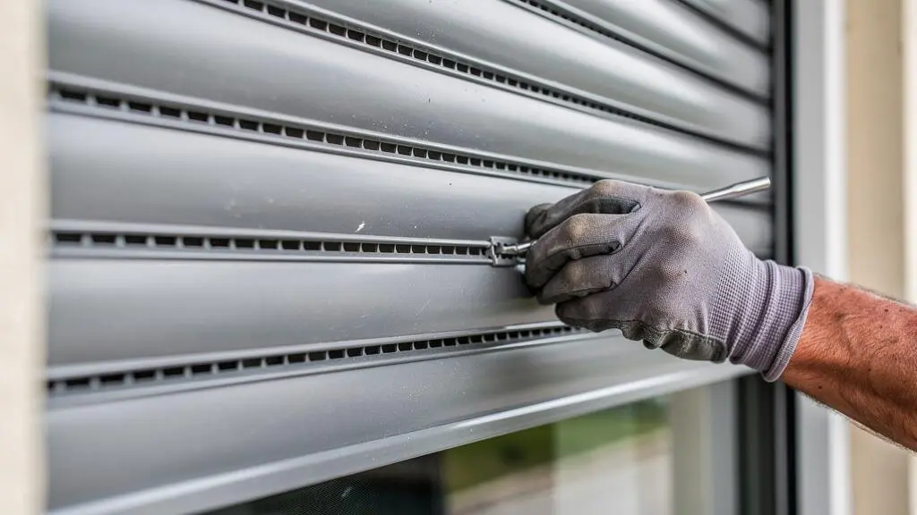 Gros plan sur les lames d'un volet roulant en aluminium avec main de technicien vérifiant l'assemblage