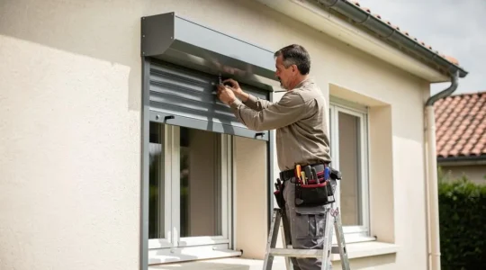 Technicien installant un volet roulant sur la façade d'une maison française