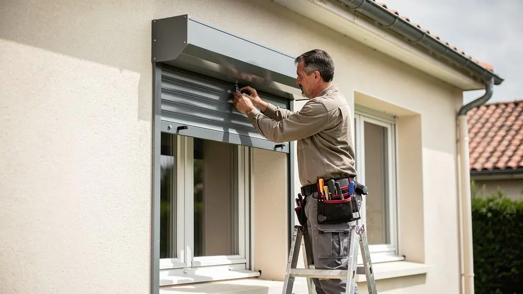 Technicien installant un volet roulant sur la façade d'une maison française