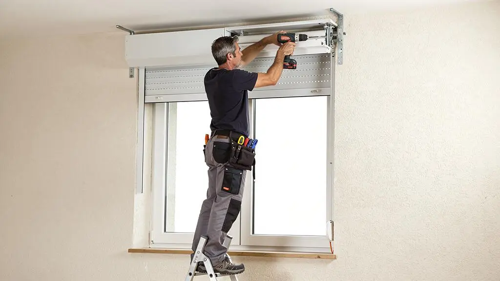 Technicien installant le coffre d'un volet roulant au-dessus d'une fenêtre depuis l'intérieur d'une habitation
