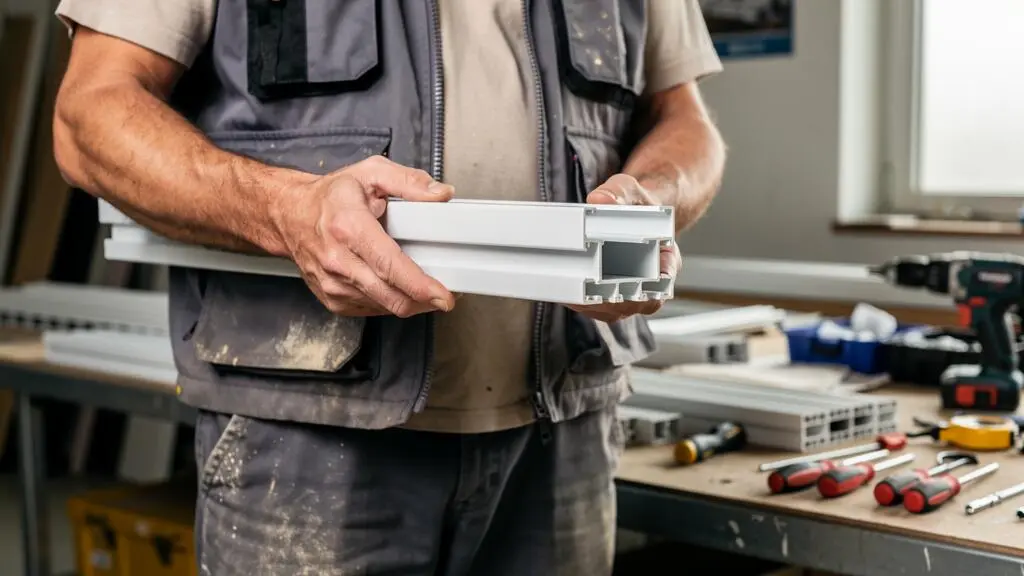 Installateur présentant un profil de lame de volet roulant en PVC dans un atelier professionnel