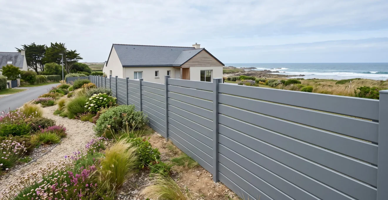 Une clôture en panneaux d'aluminium anthracite installée le long d'un jardin en bord de mer en France.
