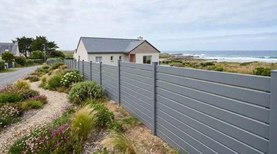 Une clôture en panneaux d'aluminium anthracite installée le long d'un jardin en bord de mer en France.